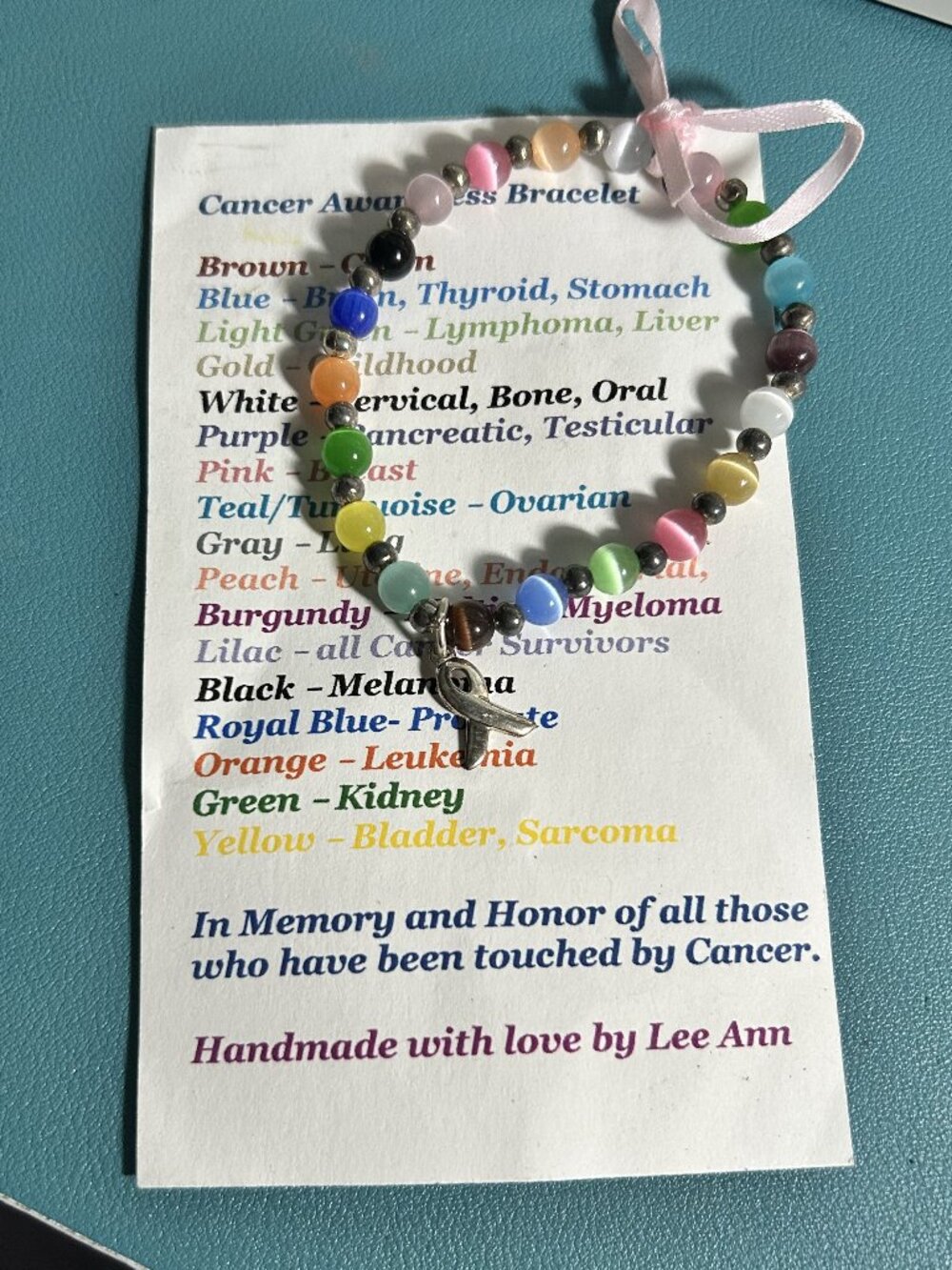 Handcrafted Multi-Color Cat's Eye Cancer Awareness Bracelet 925 Silver Charm
